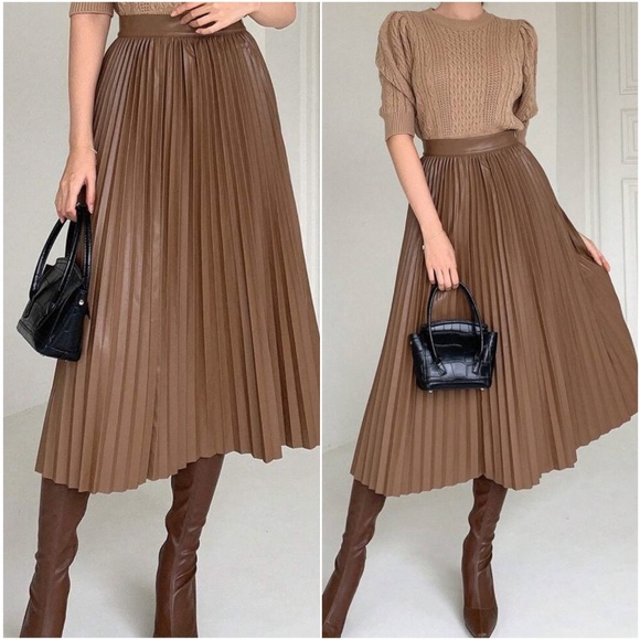 Luxe Vegan leather Accordion Pleated Midi Skirt - Picture 2 of 8